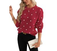 Women Dot Jacquard Sweater Crew Neck Long Sleeve Knit Pullover Casual Top (Red,L)