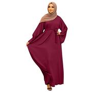 Women' Dresses 2026 Casual Clothing Solid Muslim Flare Sleeves Abaya Islamic Elegant Muslin Basic Line(Red,L)