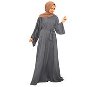 Women' Dresses 2026 Casual Clothing Solid Muslim Flare Sleeves Abaya Islamic Elegant Muslin Basic Line(Gray,L)