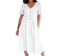 Women' Dresses 2026 Cotton Linen Dress, Summer, Long with Pockets, Plain Festive Line(White,M)
