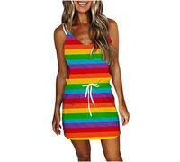 Women' Dresses 2026 Dress with V-Neck Stripes Rainbow Mini Spaghetti Straps Sleeveless with Muslin Long Sexy Festive(A,XXL)