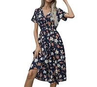 Women' Dresses 2026 Elegant Dress Floral Pattern V-Neck Casual Sex Short Sleeve A-Line Muslin Basic(Darkblue,L)
