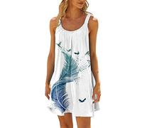 Women' Dresses 2026 Summer Casual Fashion Beach Holiday Round Neck Sleeveless Colourful Feather Print Dress Plain Elegant Sexy Festive(White,XL)