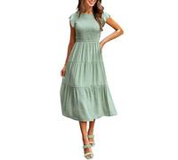 Women' Dresses 2026 Summer Casual Flutter Short Sleeve Crew Neck Smocked Elastic Waist Tiered Cotton Beach Dress(Mint Green,M)