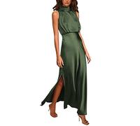 Women' Dresses 2026 Summer Long Formal Satin Dress with Stand-Up Collar Sleeveless Side Slits Cotton Oversize Beach, Army(Army Green,S)