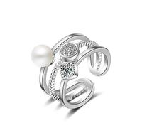 Women Earrings Silver Sterling Pull with Zirconia Pearl Three Layered Personality Partnership Rings Friendship Rings Adjustable Stacking Rings/