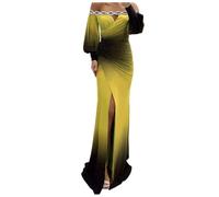 Women' Elegant Party Dress in Contrast Colour Fashion High Waist Long Sleeve Evening Sexy Off Shoulder Pleats