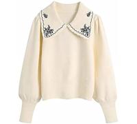 Women Embroidery Knit Sweater Lapel Collar Long Sleeve Female Pullovers,Beige,S
