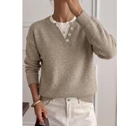 Women Fake Two-Piece Knit Pullover V-Neck Loose(Khaki S) | Fake two-piece design, V-neck style, loose fit, polyester fabric, autumn winter wear