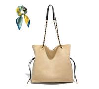 Women Faux Suede Slouchy Tote with Chain Strap,Retro Large Brown Shoulder Bags,Drawstring Fall Purse Crossbody Bag (Beige)