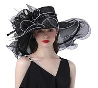 Women Flower Wedding Sun Hat Ladies Elegant Organza Wide Brim Royal Ascot Veil Fascinators Hat Women's Cocktail Tea Party Bridal Church Cloche Funeral Bowler Hats Womens Race Derby Cap