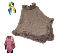 Women Fuzzy Hem Cable Knit Poncho,Fall Winter Casual Solid Turtleneck,Chunky Knitted Pullover Sweater Cape with Trim (Khaki)