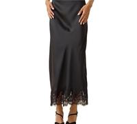 Women Half Slip Long Skirts Lace Trim Satin Midi Skirt A Line Flowy Silky Maxi For Under Dress Streetwear(Black,S)