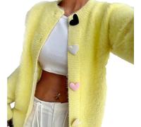 Women Heart Fuzzy Knit Cardigan Sweater,Cozy Solid Cute Rainbow Heart Button Down Cardigan Sweaters Cropped (Yellow,L)