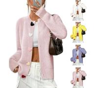 Women Heart Fuzzy Knit Cardigan Sweater Cozy Solid Cute Rainbow Heart Button Down Cardigan Sweaters Cropped (Pink,XL)