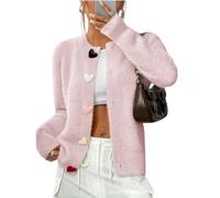 Women Heart Fuzzy Knit Cute Cardigan Heart Sweater Cozy Solid Cute Rainbow Heart Button Down Cardigan Sweaters (Pink,L)