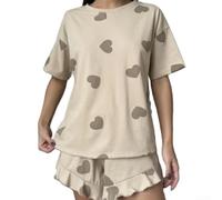 Women Heart Print Pajama Set Short Sleeve Loose Fit(Brown M) | Cute heart print, short sleeve para top, loose para fit design, soft polyester fabric, ideal for sleep