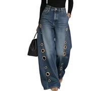 Women High Waisted Wide Leg Jeans, Vintage Denim Pants with Metal Eyelets, Loose Fit Streetwear Trousers for Casual Edgy Style(Retro Blue,M)