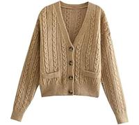 Women Khaki Twist Cardigan Jumper Knitted Cardigan,Caqui,METRO