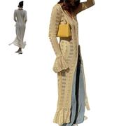 Women Knit Long Sleeve Hollow out Button Crochet Cardigan Sweater Elegant Boho Ruffle Cover Up Maxi Dress (Yellow,M)