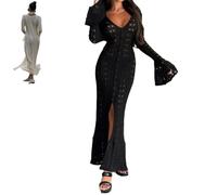 Women Knit Long Sleeve Hollow out Button Crochet Cardigan Sweater Elegant Boho Ruffle Cover Up Maxi Dress (Black,M)