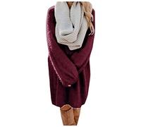 Women' Knitted Dress Trendy Sweater with O-Neck Sleeves Solid Dresses(Wine Red,XL)