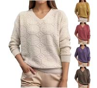 Women Knitted Sweaters Dressy Hollow out Jacquard Winter Pullover Shirts Loose Casual Long Sleeve V Neck Jumper Tops