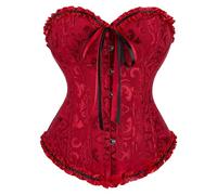 Women Lace Corsé Top Gothic Halloween Traje Vintage Jacquard Overbust Bustier Sexy Waist Cincher Steampunk Lencería Ruffle Trim Cosplay Chaleco Marrón Rojo Negro Púrpura Azul, XS-6XL