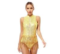 Women Latin Dance Dress Sleeveless Shiny Sequin Fringed Leotard Dresses Ballroom Dancing Tango Cha-cha Rumba Performance Costume(Gold B,XL)