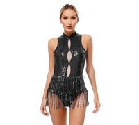 Women Latin Dance Dress Sleeveless Shiny Sequin Fringed Leotard Dresses Ballroom Dancing Tango Cha-cha Rumba Performance Costume(Black3,S)