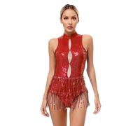 Women Latin Dance Dress Sleeveless Shiny Sequin Fringed Leotard Dresses Ballroom Dancing Tango Cha-cha Rumba Performance Costume(Red3,XXL)