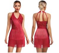 Women Latin Dance Leotard Jumpsuit Halter Sleeveless Rhinestones Layere Fringed Bodysuit Figure Skating Tango Salsa Jazz Costume(Wine Red,3XL)