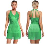 Women Latin Dance Leotard Jumpsuit Halter Sleeveless Rhinestones Layere Fringed Bodysuit Figure Skating Tango Salsa Jazz Costume(Green,M)
