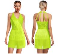 Women Latin Dance Leotard Jumpsuit Halter Sleeveless Rhinestones Layere Fringed Bodysuit Figure Skating Tango Salsa Jazz Costume(Yellow,3XL)