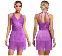 Women Latin Dance Leotard Jumpsuit Halter Sleeveless Rhinestones Layere Fringed Bodysuit Figure Skating Tango Salsa Jazz Costume(Purple,M)