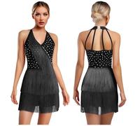 Women Latin Dance Leotard Jumpsuit Halter Sleeveless Rhinestones Layere Fringed Bodysuit Figure Skating Tango Salsa Jazz Costume(Black,XL)