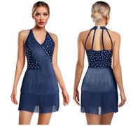 Women Latin Dance Leotard Jumpsuit Halter Sleeveless Rhinestones Layere Fringed Bodysuit Figure Skating Tango Salsa Jazz Costume(COLOR1,3XL)