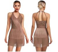 Women Latin Dance Leotard Jumpsuit Halter Sleeveless Rhinestones Layere Fringed Bodysuit Figure Skating Tango Salsa Jazz Costume(Coffee,3XL)