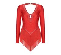Women Latin Tango Dance Costume Shiny Rhinestones V-Neck Tassel Leotard Bodysuit Cha Samba Performance Competition Dress(Red2,L)