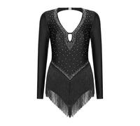 Women Latin Tango Dance Costume Shiny Rhinestones V-Neck Tassel Leotard Bodysuit Cha Samba Performance Competition Dress(Black2,M)