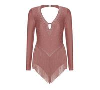 Women Latin Tango Dance Costume Shiny Rhinestones V-Neck Tassel Leotard Bodysuit Cha Samba Performance Competition Dress(Pink A,S)
