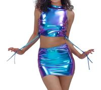 Women' Leather Hip Hugging Short Skirt Solid Sexy Night Stage Costume Shiny and Dance Dress(Blue,M)