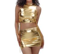 Women' Leather Hip Hugging Short Skirt Solid Sexy Night Stage Costume Shiny and Dance Dress(Gold,S)