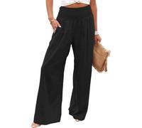 Women Linen Palazzo Pants 2024 Summer Wide Leg High Waist Casual Lounge Pant Beach Vacation Trousers with Pockets (Black,S)