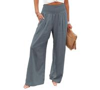 Women Linen Palazzo Pants 2024 Summer Wide Leg High Waist Casual Lounge Pant Beach Vacation Trousers with Pockets (Grey,XXXL)