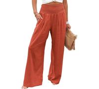 Women Linen Palazzo Pants 2024 Summer Wide Leg High Waist Casual Lounge Pant Beach Vacation Trousers with Pockets (Watermelon Red,XL)