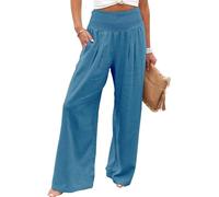 Women Linen Palazzo Pants 2024 Summer Wide Leg High Waist Casual Lounge Pant Beach Vacation Trousers with Pockets (Blue,S)
