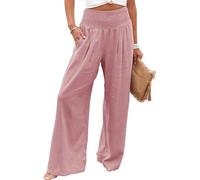 Women Linen Palazzo Pants 2024 Summer Wide Leg High Waist Casual Lounge Pant Beach Vacation Trousers with Pockets (Pink,L)