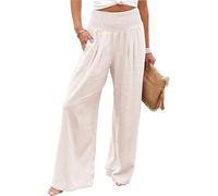 Women Linen Palazzo Pants 2024 Summer Wide Leg High Waist Casual Lounge Pant Beach Vacation Trousers with Pockets (White,S)