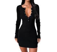 Women Long Sleeve Sweater Dress, Autumn and Winter Ribbed Stretch Knit Mini Dresses, for Daily Wear, Work, Date, Club, Cocktail Party (Black,S)